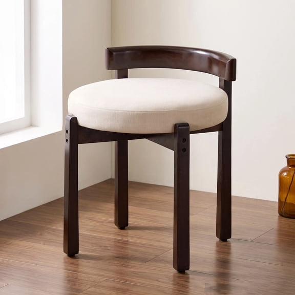 Lessmore Curved Back Vanity Stool Wood Frame Round Seat Linen Upholstered Makeup Chair, for Bedroom Dressing Table