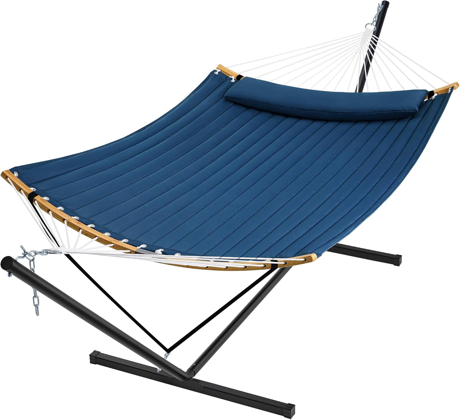 Curved-Bar Hammock with Stand, 2 Person Heavy Duty Hammock Frame, Detachable Pillow & Portable Carrying Bag, Perfect for Outdoor & Indoor, Navy Blue