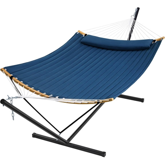 Curved-Bar Hammock with Stand, 2 Person Heavy Duty Hammock Frame, Detachable Pillow & Portable Carrying Bag, Perfect for Outdoor & Indoor, Navy Blue
