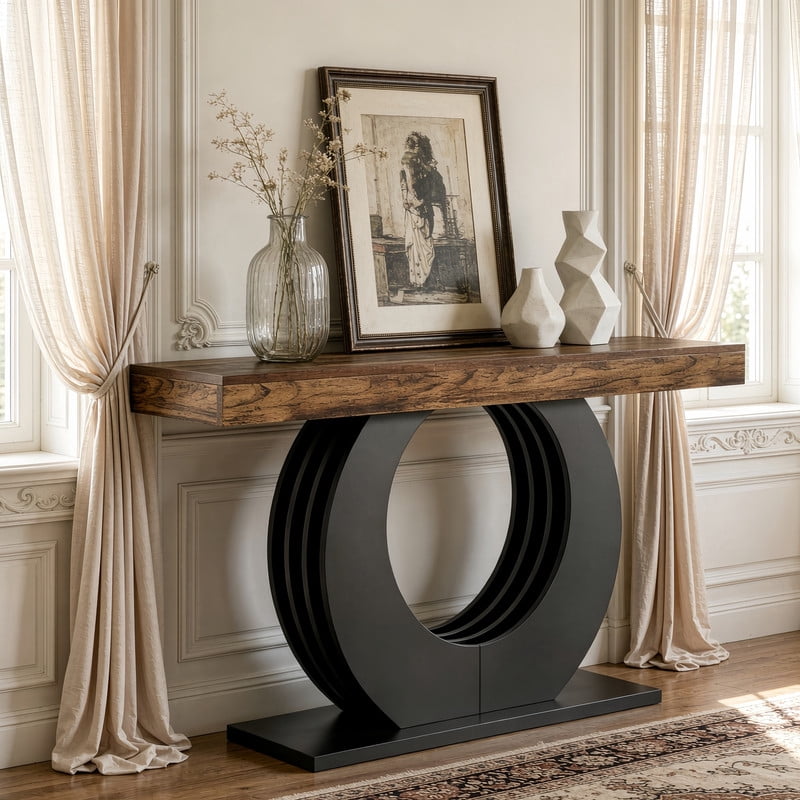 Curved Base Accent Entryway Table, Wooden Console Table with Wide Tabletop, Side Sofa Table with Circular Pedestal