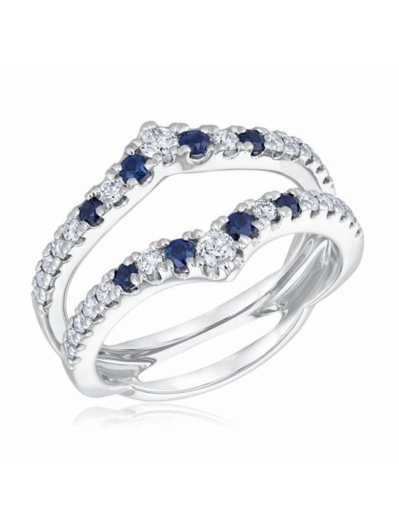 Curved Blue Sapphire & White CZ Double Ring Enhancer in 925 Sterling Silver – Elegant Chevron Guard Wedding Band Set for Women – September Birthstone Jewelry