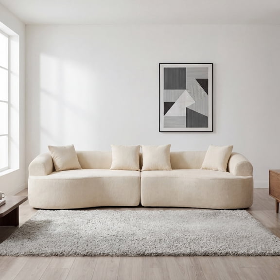Curved Boneless Modular Sectional, 110'' Compression Sofa Sleeper, High-Density Chenille Couch for Living Room Bedroom Apartment, White