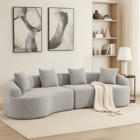 Curved Boneless Sofa,Compression Modular 110'' Sectional,Grey High-Density,Couches Sleeper for Living Room Bedroom Apartment Lounge,Chenille