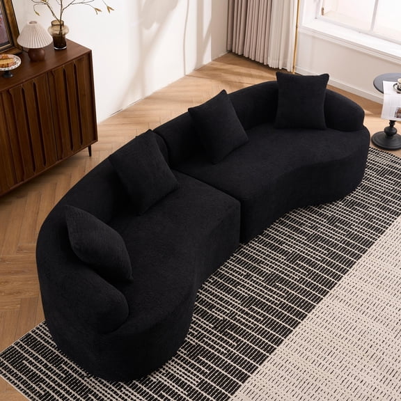 Curved Boneless Sofa, Compression Modular 110" Sectional, High-Density, Couches Sleeper for Living Room Bedroom Apartment Lounge, Chenille (Black)