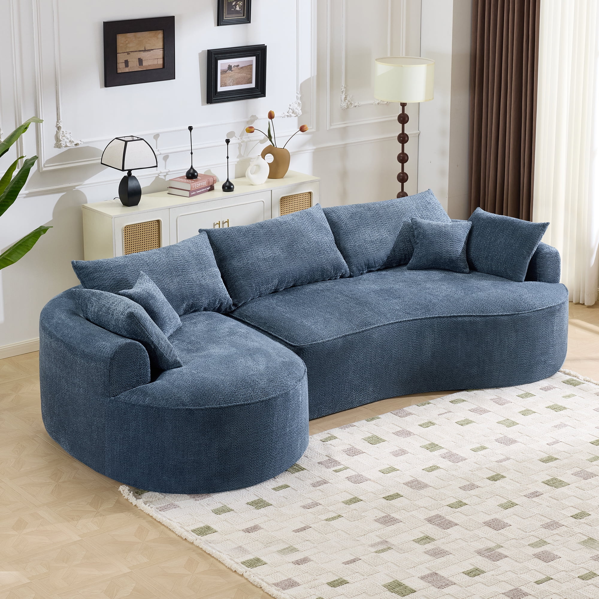 Curved Boneless Sofa, Modern Chenille Fabric Sectional Sofa with 3 Back and 4 Throw Pillows, High-Resilience Sponge Support and Ergonomic Design, 124.5 Inch Large Capacity Sofa for Living Room, Blue