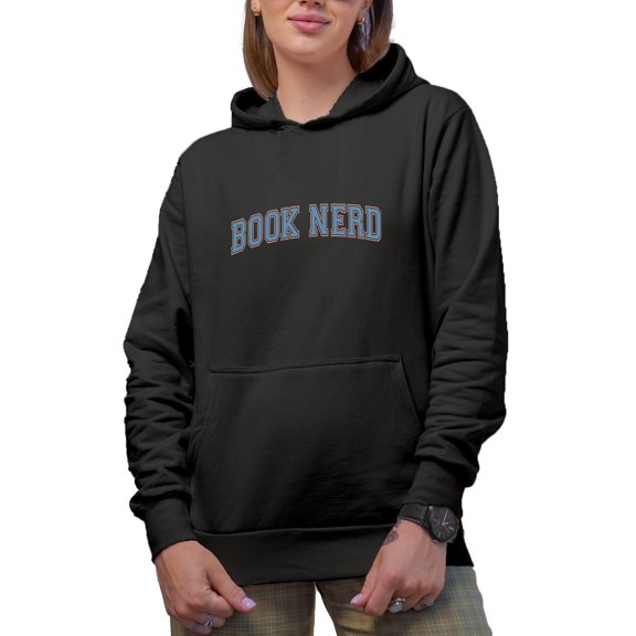 Curved Book Nerd Word, Reading Lover Merch Gift, Black Hooded Sweatshirt or Hoodie, XL