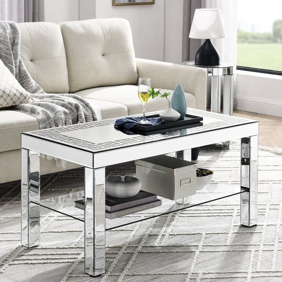 Curved Border Rectangular Mirror Coffee Table | Adds Glamour to Living Room Sofa Area | High - Quality Silver Plated Glass & MDF Construction | Ensures Safe Delivery with Professional Packaging
