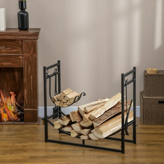 Curved Bottom 2 Tiers Firewood Rack Holder with Fireplace Tools, Metal Fire Log Stacker Stand Black