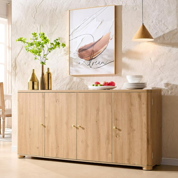 Curved Buffet Cabinet with Doors, 66" Large Sideboard Buffet Storage Cabinet with 4 Doors and Shleves, Modern Coffee Bar Station Wood Kitchen Table for Kitchen, Dining Room, Natural