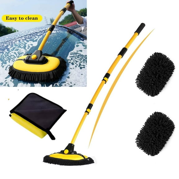 Curved Car Wash Brush with Long Handle, 41" Car Cleaning Brush with 2 Replacement Head, Microfiber Wash Mop