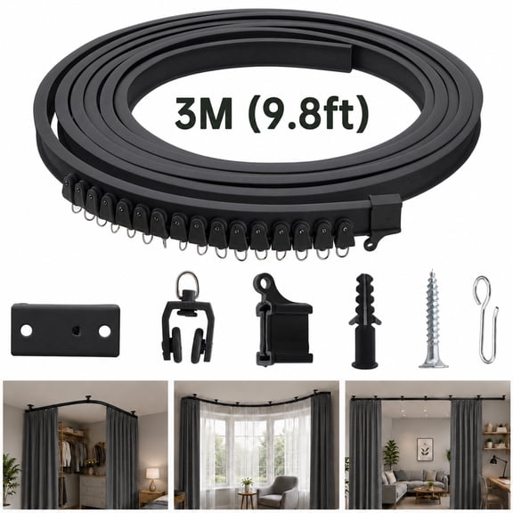 Curved Ceiling Curtain Track,3 Meter/9.8 ft Flexible Bendable Mount Curtain Rail System for Room Windows Bathroom Divider,Black