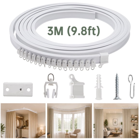 Curved Ceiling Curtain Track, 3 Meter/9.8 ft Flexible Bendable Mount Curtain Rail System for Room Windows Bathroom Divider,White