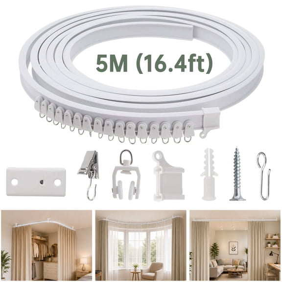 Curved Ceiling Curtain Track, 5 Meter/16.4 ft Flexible Bendable Mount Curtain Rail System for Room Windows Bathroom Divider,White