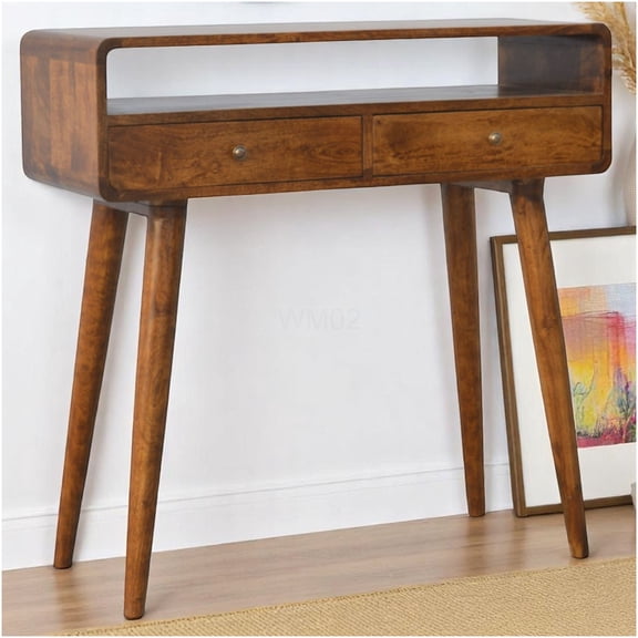 Curved Chestnut Console Table Solid Wood, Sofa Table for Living Room Entryway Hallway Foyer