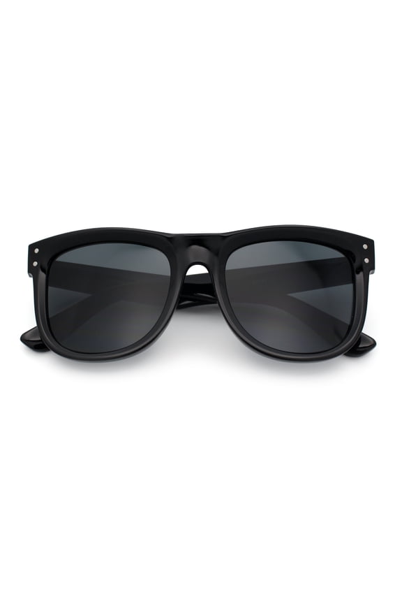 Curved Concave Face Oversized Horn Rim Plastic Retro Sunglasses All Black