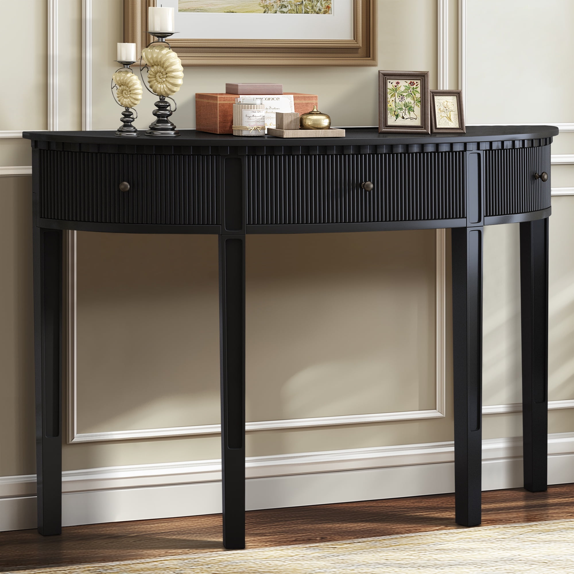 Black Pine Wood Half-Moon Console Table with Storage Drawers