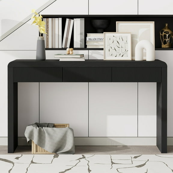 Curved Console Table with 3 Fluted Drawers, Versatile 53'' Long Accent Entryway Table Sofa Table with Adjustable Feet for Living Room, Black