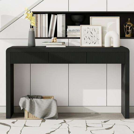 Curved Console Table with 3 Fluted Drawers, Versatile 53'' Long Accent Entryway Table Sofa Table with Adjustable Feet for Living Room, Black