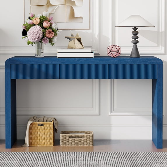 Curved Console Table with 3 Fluted Drawers, Versatile 53'' Long Accent Entryway Table Sofa Table with Adjustable Feet for Living Room, Navy