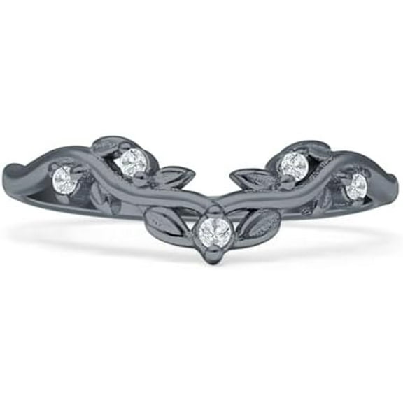 Curved Contour Leaves Band Cubic Zirconia Black Tone 925 Sterling Silver, Size 7