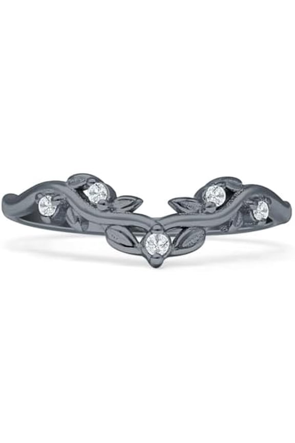 Curved Contour Leaves Band Cubic Zirconia Black Tone 925 Sterling Silver, Size 7