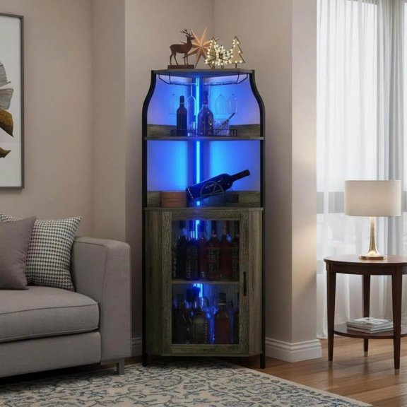 Curved Corner Bar Cabinet with Barn Door, 5 Tier Brown Wine Cabinet for Home Bar, MDF & Metal Farmhouse Corner Wine Rack with Glass Holder, Rustic Storage for Dining Room or Living Room(Black)