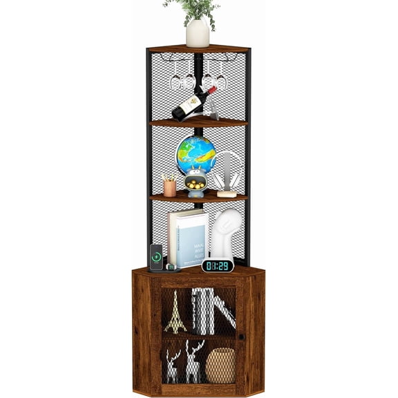 Curved Corner Storage Cabinet, 6-Tier Tall Corner Cabinet 65" Freestanding Bookcase with Doors & Charging Station, Corner Shelf Corner Display Cabinet for Living Room, Bathroom, Dark Brown
