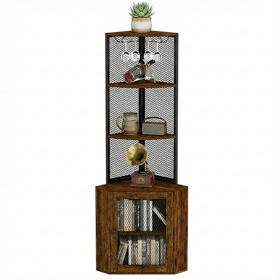 65" 6 Tier Corner Shelf with  Drawer & Wine Glass Rack, Display Freestanding Storage Stand for Kitchen, Living Room, Balcony