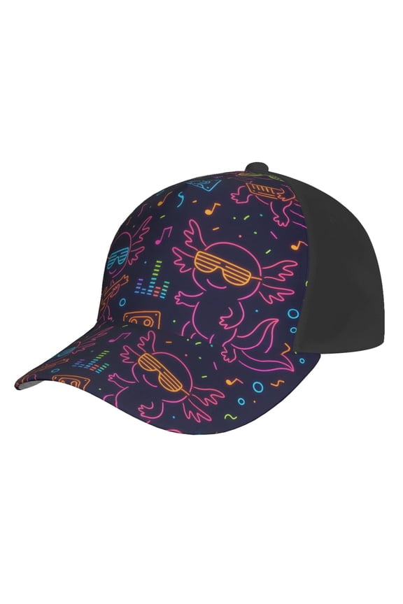 Curved Design Along The Top Of The Baseball Cap Reinforced Adjustable Breasted Four Seasons Available Neon Party Axolotls - 80s Synthwave