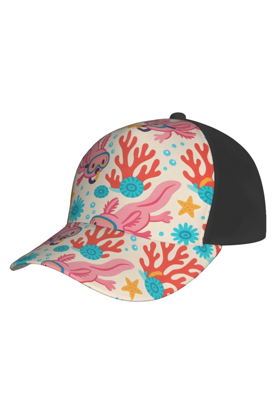 Curved Design Along The Top Of The Baseball Cap Reinforced Adjustable Breasted Four Seasons Available Tropical Reef Axolotls - Bright Vacation