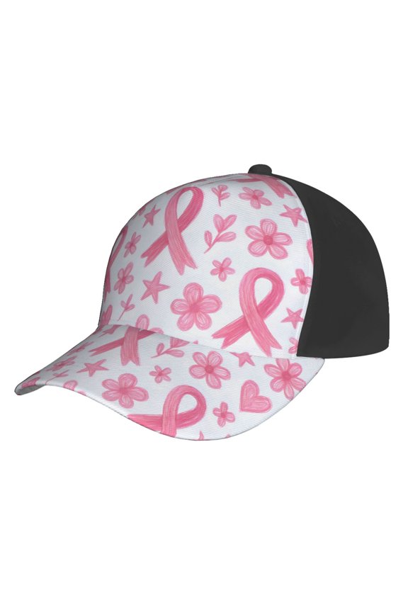 Curved Design Along The Top Of The Baseball Cap Reinforced Adjustable Breasted Four Seasons Available Artistic Pink Ribbon Pattern With Sketched Elements