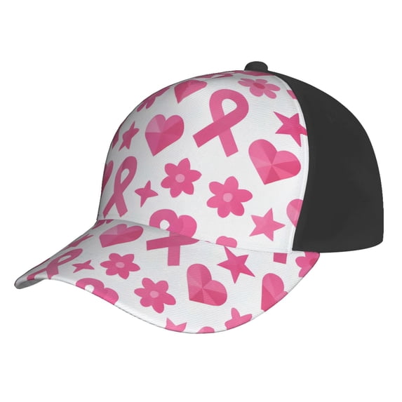 Curved Design Along The Top Of The Baseball Cap Reinforced Adjustable Breasted Four Seasons Available Modern Pink Ribbon Pattern With Geometric Elements