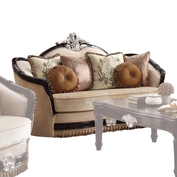 Curved Design Loveseat with Scalloped Backrest and Crown Top, Beige
