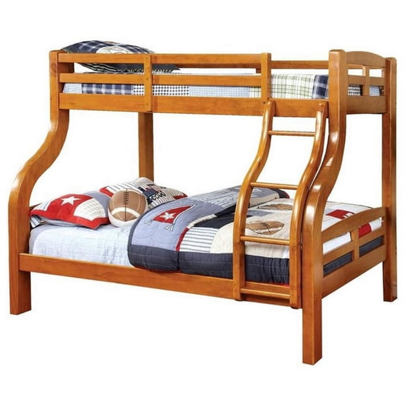 Curved Design Twin Over Full Bed with Attached Ladder, Oak Brown - Saltoro Sherpi
