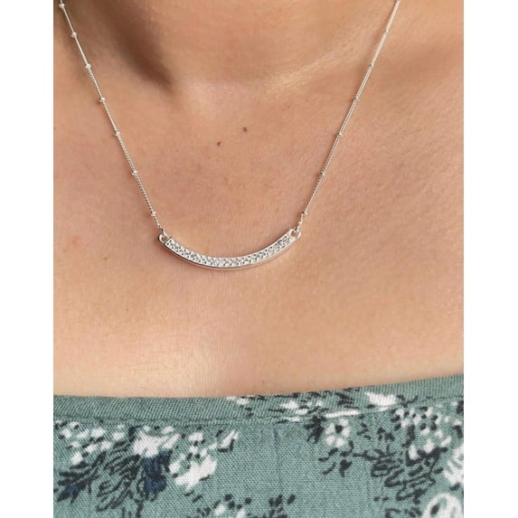 Curved Diamond Bar Necklace , 925 Sterling Silver Beaded Chain Necklace , Women's Diamond Necklace , Curved Pendant , Christmas Gift for Her