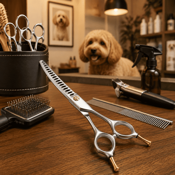 Curved Dog Chunker Scissors - Professional Grooming Shears, Up-curved Shear with 65%-70% Thinning Rate, Japanese 440C Stainless Steel, Adjustable Screw, 18 Teeth