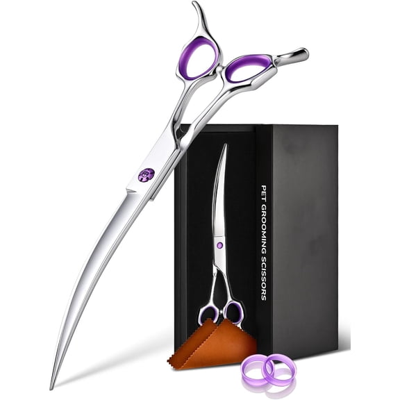 Curved Dog Grooming Scissors, Stainless Steel Professional Pet Grooming Shears with Reversible Butterfly Handles for Grooming Face, Eyes, Paws & Body