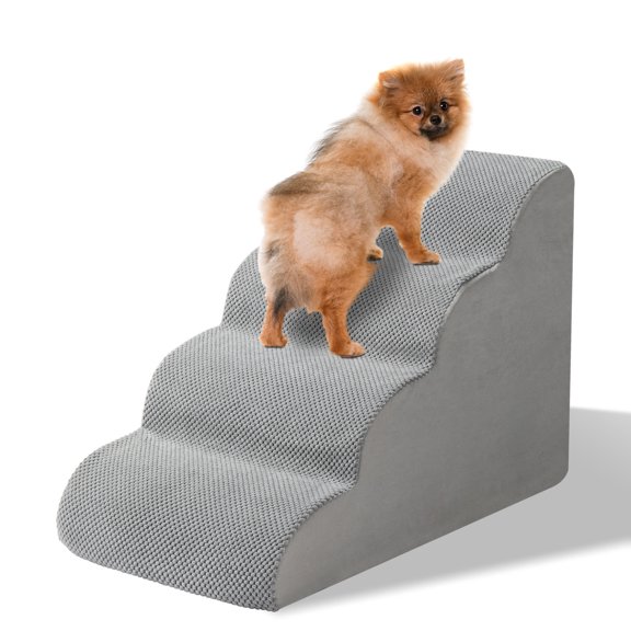Curved Dog Stairs Ramp with Anti-Slip Washable Cover for Bed 19.7" H, 4-Step Dog Steps with Durable High Density Foam for Small Dogs & Cats, Grey