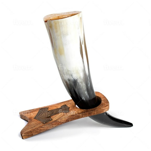 Curved Drinking Horn with Wooden Stand (12Inches, HighPolish)
