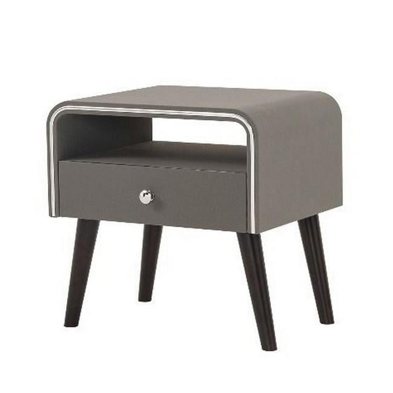 Gray and Brown Curved Edge 1 Drawer Nightstand with Chrome Trim