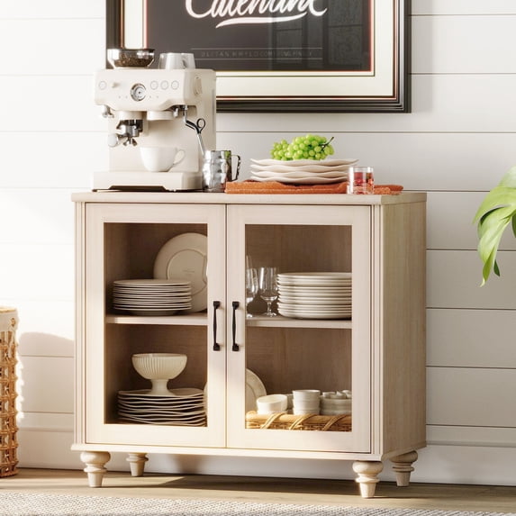 WAMAPT Sideboard Buffet Cabinets with Glass Door, Kitchen Storage Cabinets, Wood Coffee Bar Tables with Adjustable Shelf, Accent Sideboard Storage Cabinet Table Dining Room, Living Room, Beige