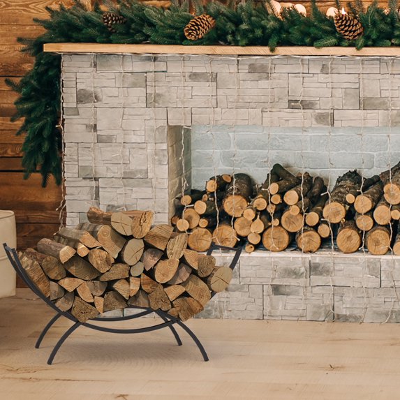 Curved Firewood Rack, 37 inches Powder-coated Metal Fireplace Log Holder for Firewood Storage, Ideal for Indoor and Outdoor Fireplaces Wood Storage, Black