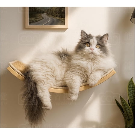 Peluomoz Curved Wood Cat Wall Perch – Wall-Mounted Floating Indoor Platform with Sisal Mat (Sleeper & Climb Shelf)