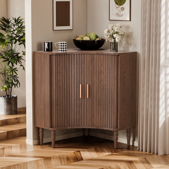 Oungelark Corner Storage Cabinet Modern Curved Fluted Ripple Panel 2-Door Solid Wood Legs (Walnut Color)