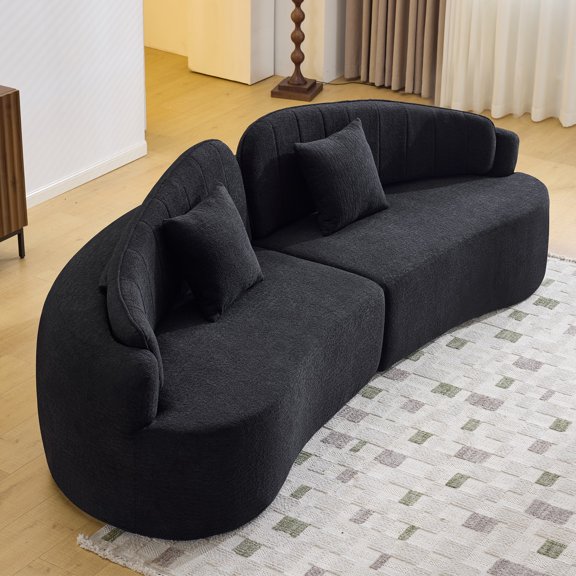 Curved Four-Seat Fully Compressed Sofa, Long-Term Sitting Without Collapse, Removable Backrest Chenille Fabric, Simple, Retro Style, Suitable for Small Spaces and Apartments (Black)
