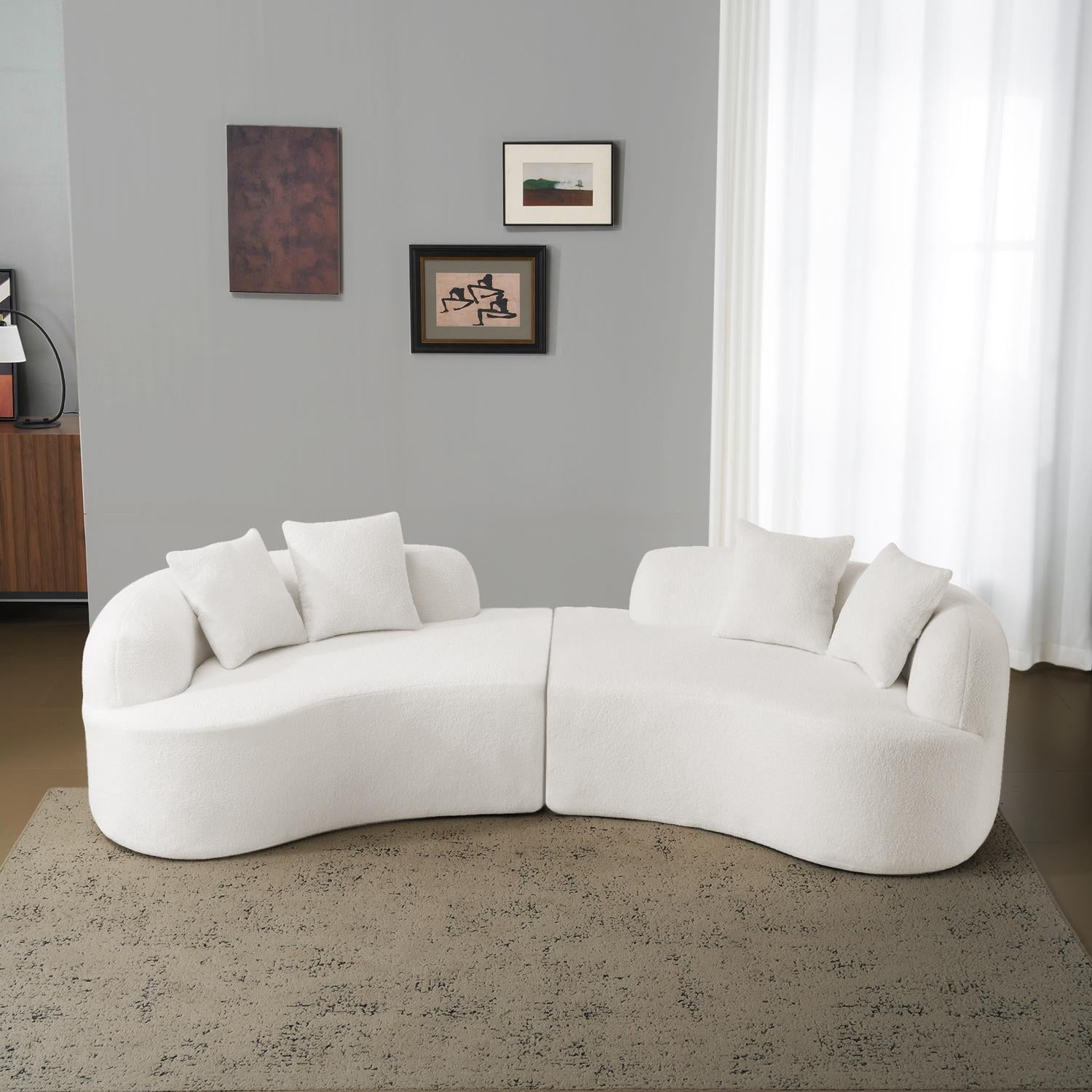 Curved Four Seater Sofa 106.7 Inch, Teddy Velvet Fabric Compression Sponge Couch, No-Assembly Compact Sofa for Apartments, Cloud-Like Comfort, White