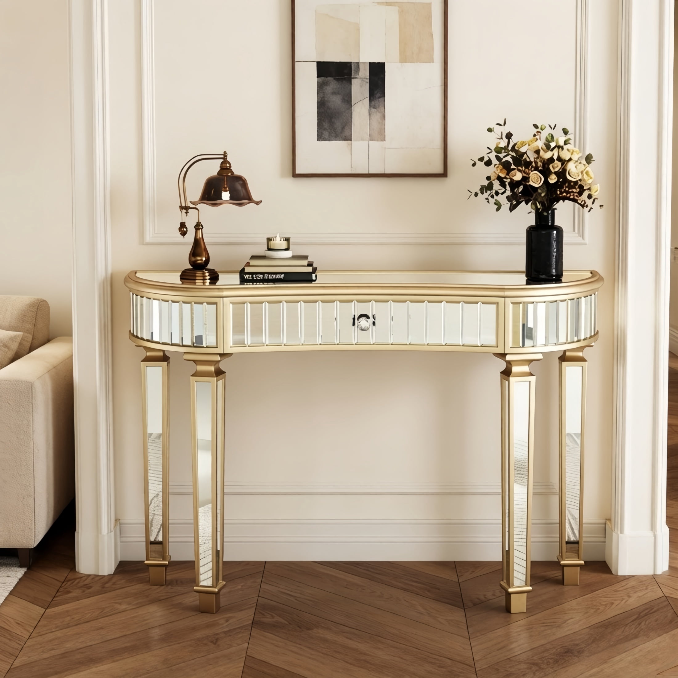 Curved Glass Console Table with Fluted & Crystal Knob Drawer, Mirrored Entryway Display Table, Multi-functional Vanity Desk