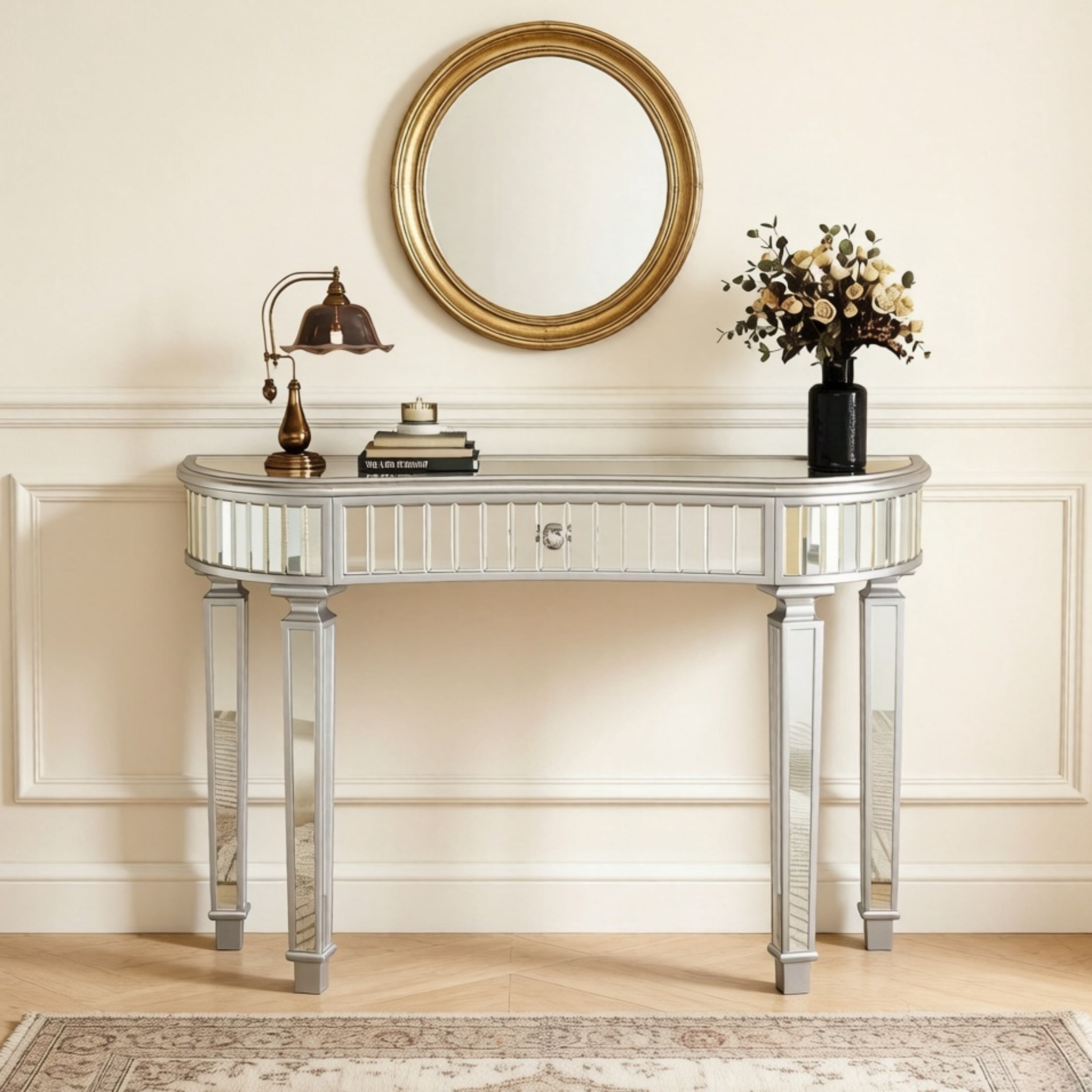 Curved Glass Console Table with Fluted & Crystal Knob Drawer, Mirrored Entryway Display Table, Multi-functional Vanity Desk