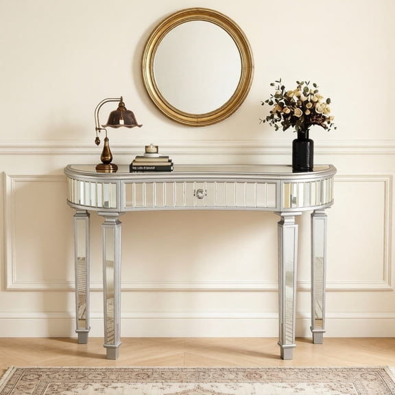 Curved Glass Console Table with Fluted & Crystal Knob Drawer, Mirrored Entryway Display Table, Multi-functional Vanity Desk
