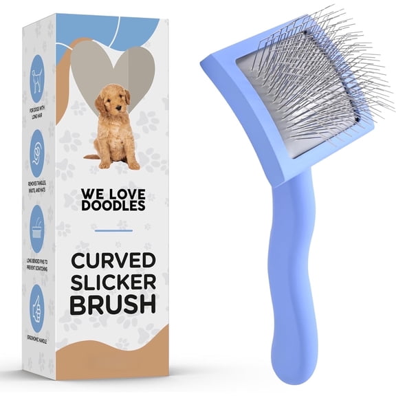 We Love Doodles Curved Dog Slicker Brush – Professional Grooming Brush for Long & Curly Hair, Removes Mats, Tangles & Loose Fur – Soft Pin Dematting & Deshedding Brush, Small